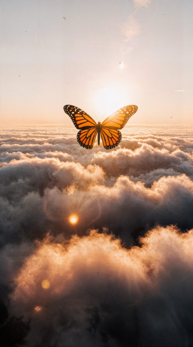 Monarch Butterfly Flying Above Golden Clouds at Sunrise