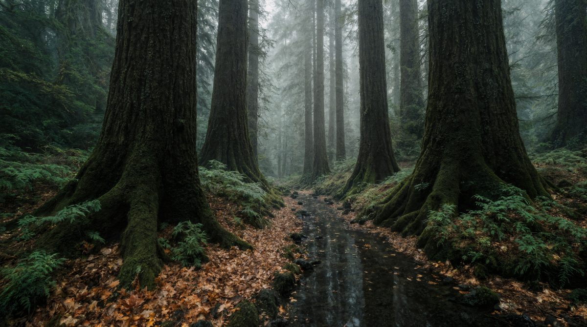 Moody Old-Growth Redwood Forest with a Small Stream and Fallen Autumn Leaves in the Mist