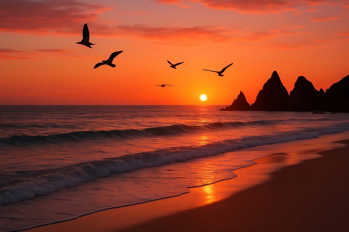 Golden Hour Serenity: Seagulls Soaring Over a Vibrant Ocean Shoreline