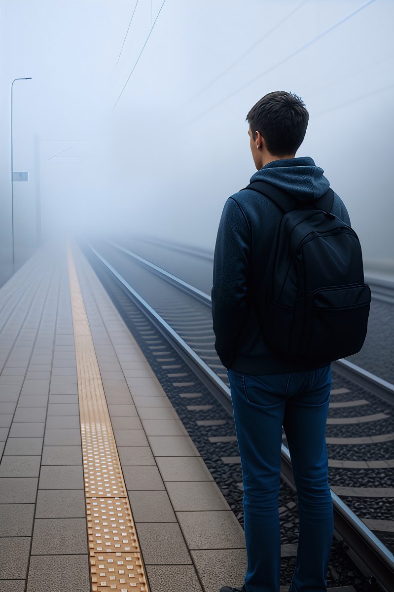 Young Traveler Waiting at a Foggy Train Station