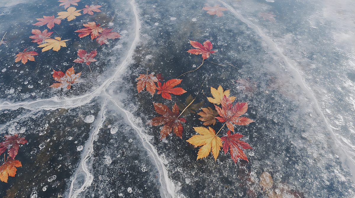 Vibrant Autumn Leaves Frozen in Cracked Winter Ice