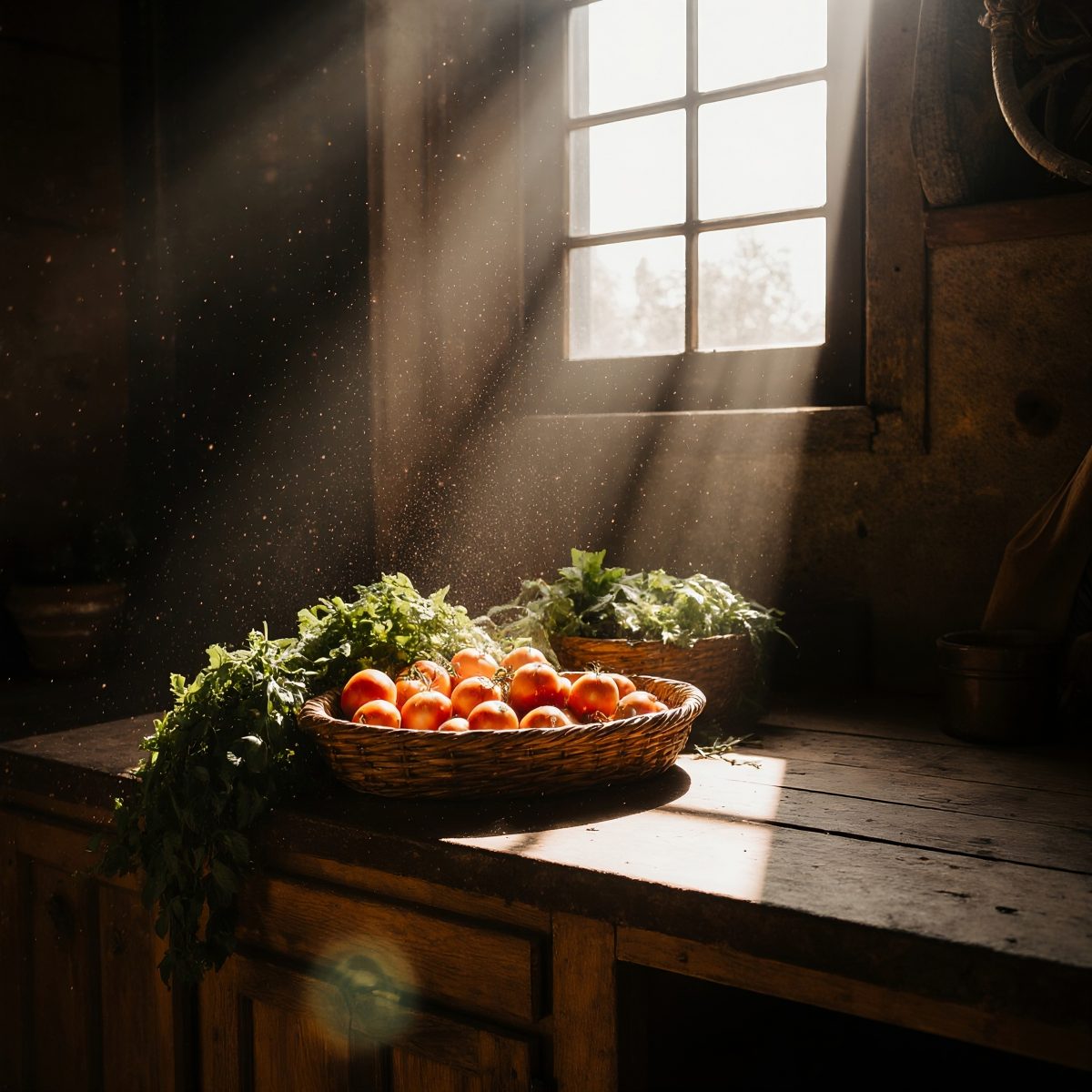Sunbeams Illuminating Fresh Tomatoes and Herbs in Woven Baskets on a Rustic Wooden Counter
