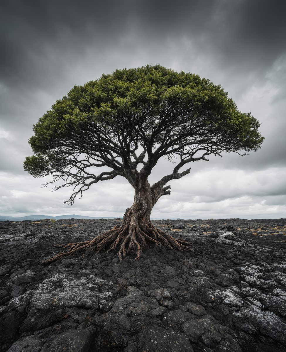 Lone Green Tree Standing in a Desolate Volcanic Lava Field