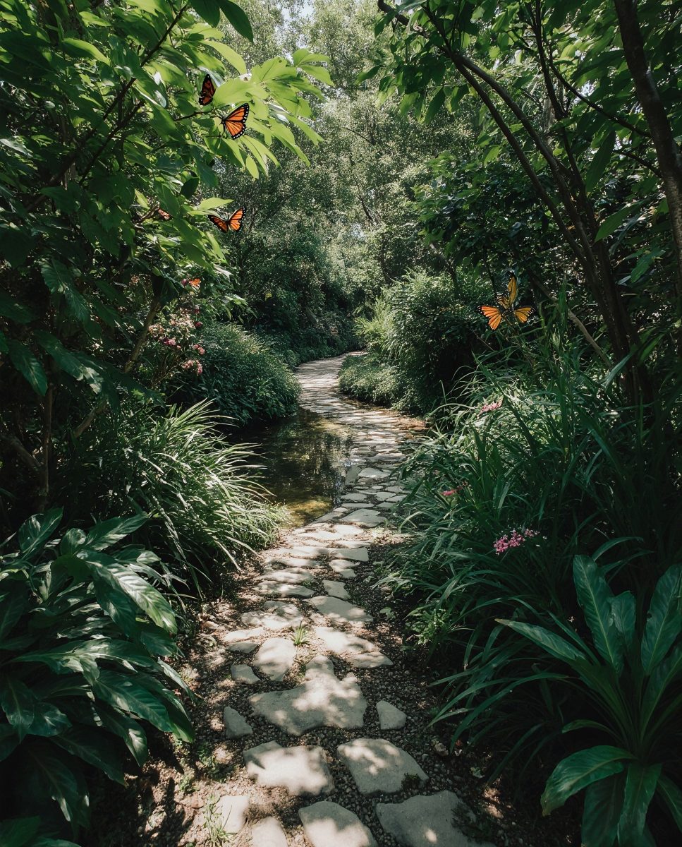 Enchanting Stone Pathway Through a Lush Botanical Garden with Monarch Butterflie