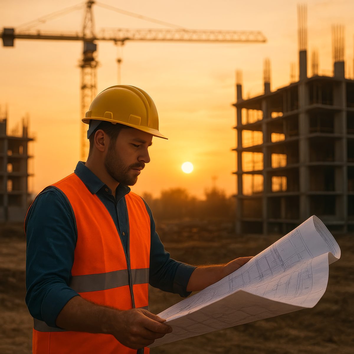 Construction Engineer Reviewing Blueprints on Site at Sunset