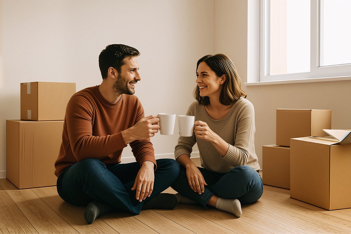 Happy Young Couple Taking a Coffee Break on Moving Day