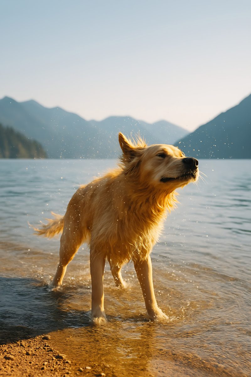Golden Retriever Dog Shaking Off Water at the Edge of a Mountain Lake