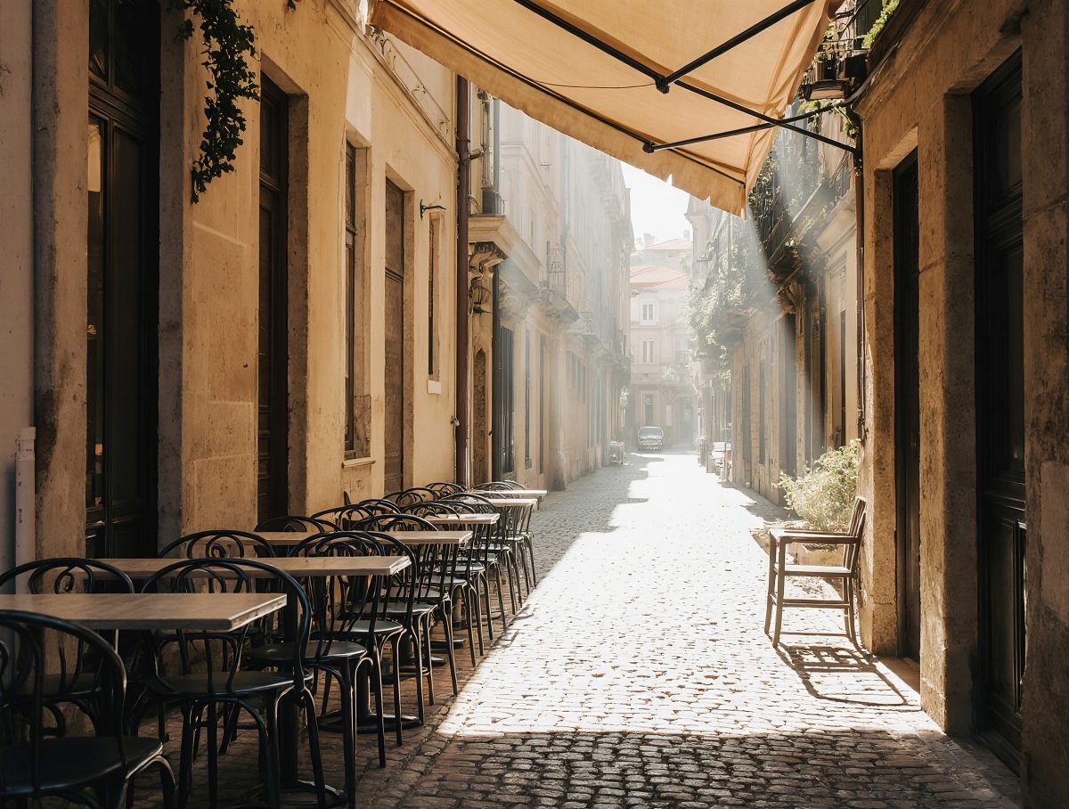 Empty Outdoor Cafe Seating along a Narrow European Cobblestone Alley at Sunrise