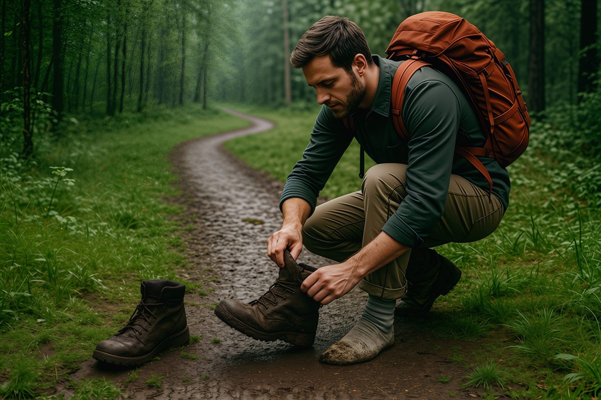 Hiker Taking Off Muddy Boots on a Forest Trail