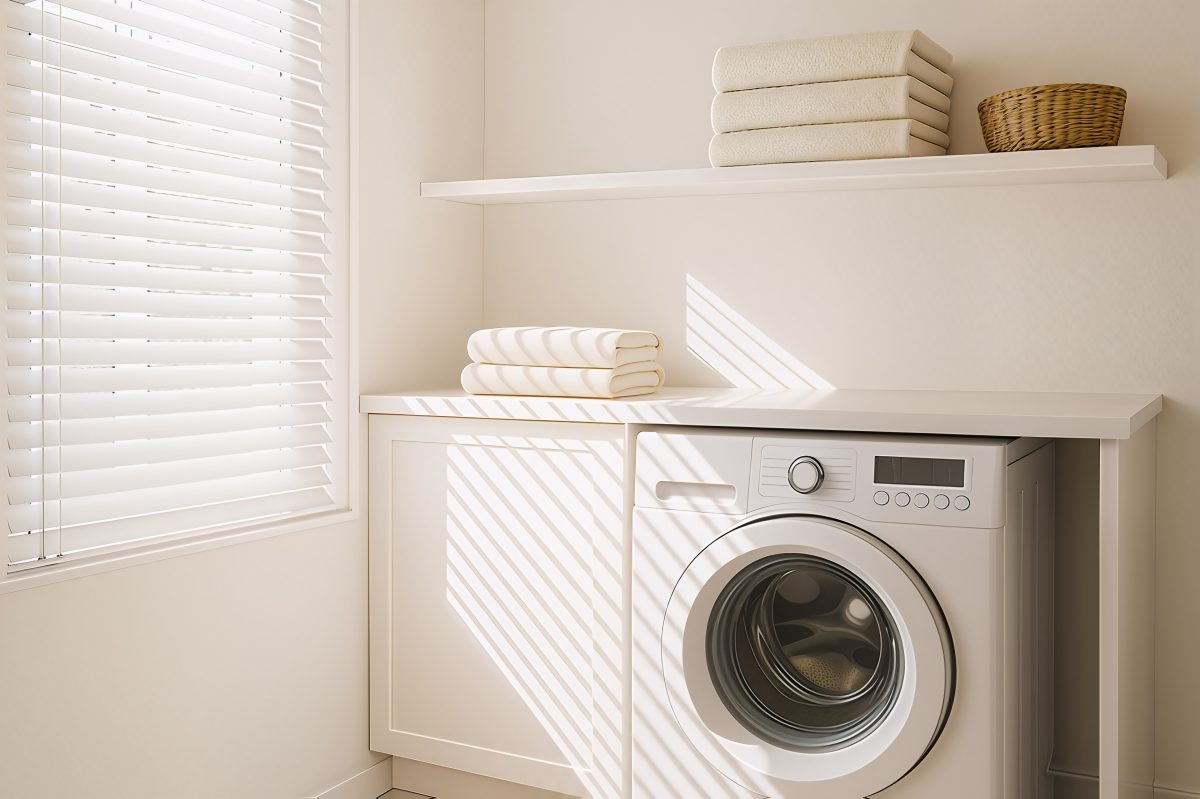 Bright Minimalist Laundry Room with Washing Machine and Venetian Blind Shadow Lines