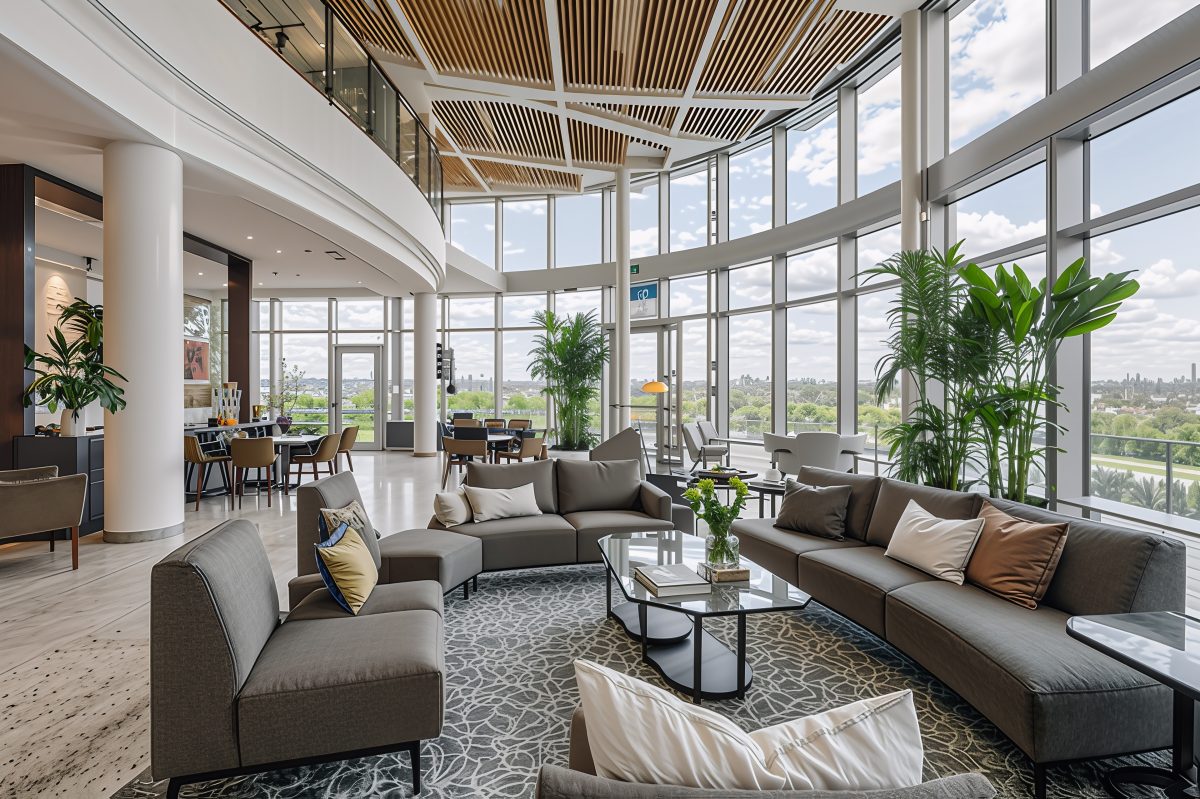 Modern Luxury Building Lobby with Panoramic City Views and Slatted Wood Ceiling
