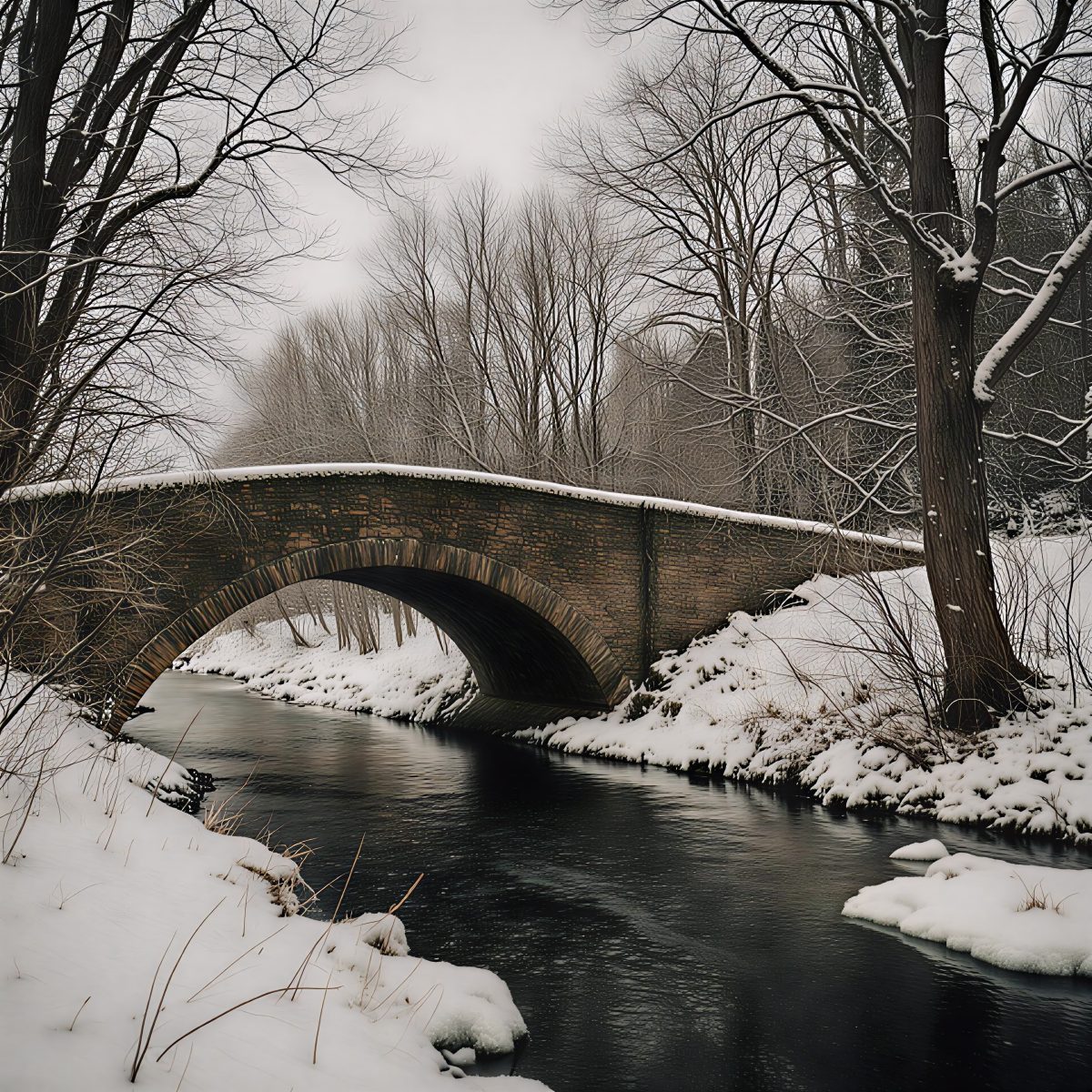 Snow-Dusted Stone Arch Bridge Crossing a Winter River