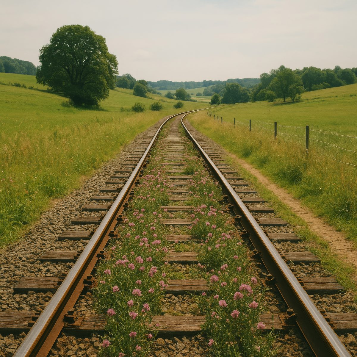 Overgrown Railway Track Through Scenic Green Countryside