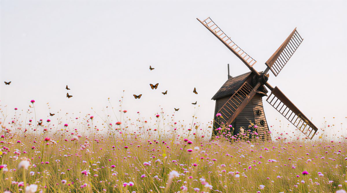 Old Wooden Windmill in a Field of Pink Wildflowers with Butterflies