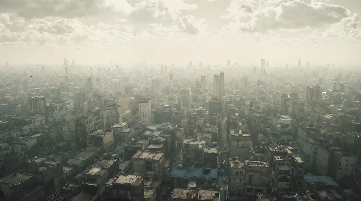 Smog Covered Megacity Skyline Under Heavy Clouds