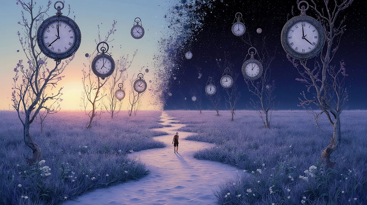 Surreal Timekeeper Landscape Between Day and Night