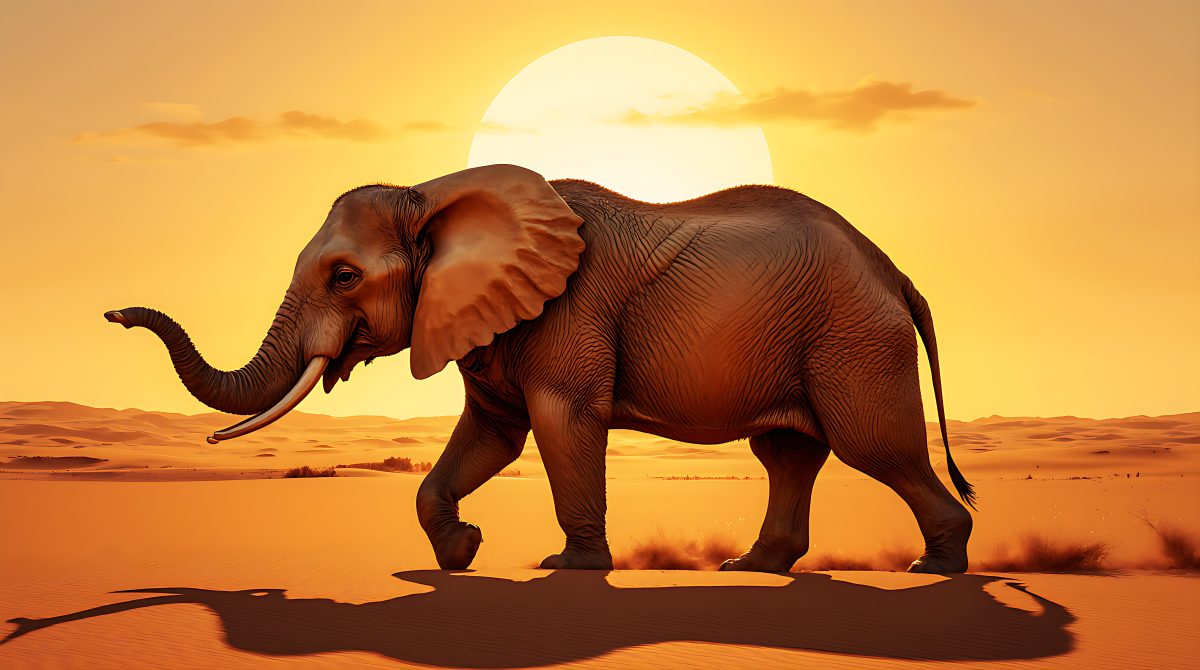 Majestic African Elephant Walking Through Desert at Sunset