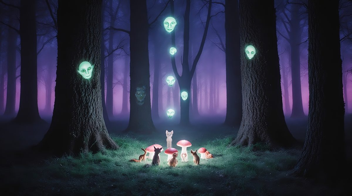 Mystical Forest Gathering of Woodland Creatures Around Glowing Mushrooms and Floating Orbs