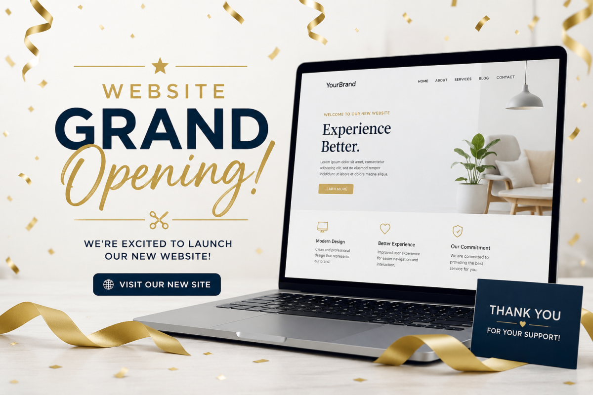 Website Grand Opening Celebration Banner with Modern Laptop Mockup