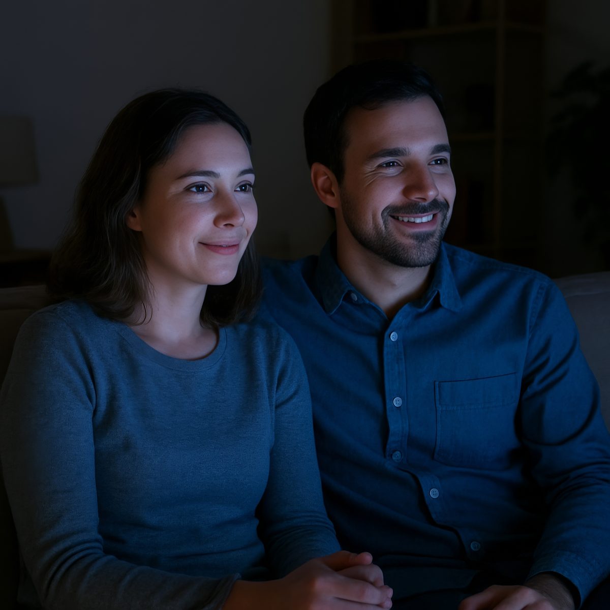 Happy Couple Watching Movie on Sofa in Dark Room