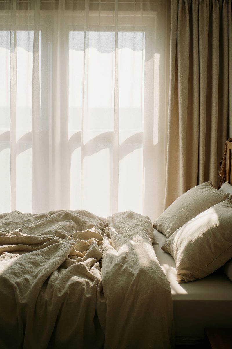 Cozy Messy Bed in Warm Morning Sunlight