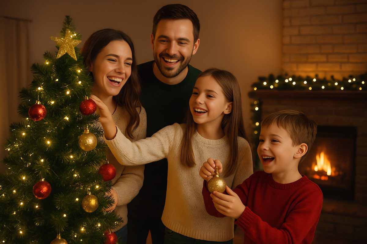 Happy Family Decorating Christmas Tree Together in Cozy Living Room