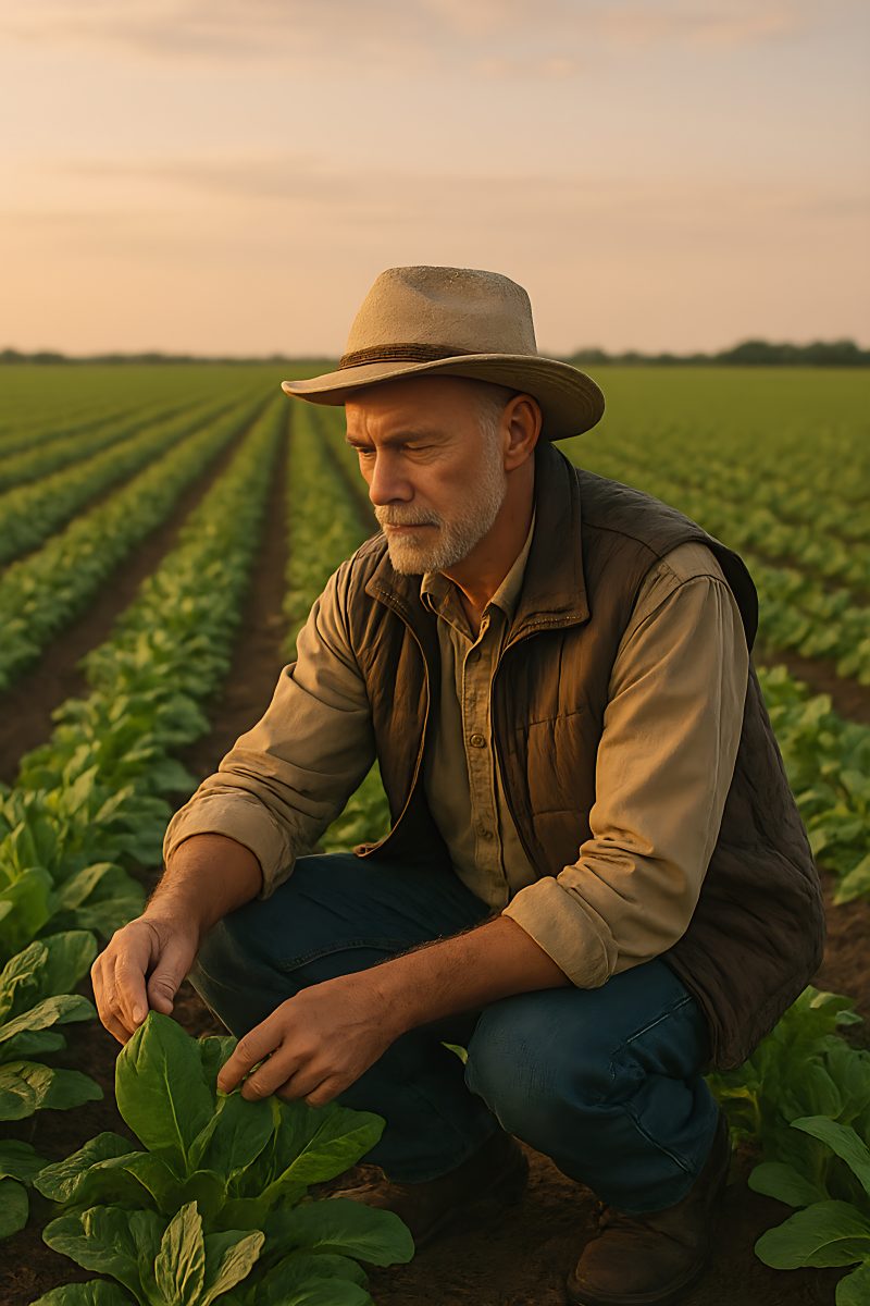 Senior Farmer Checking Crop Health in Green Field at Sunset