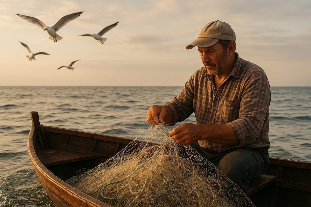 Traditional Fisherman Preparing Fishing Net on Wooden Boat at Sunrise