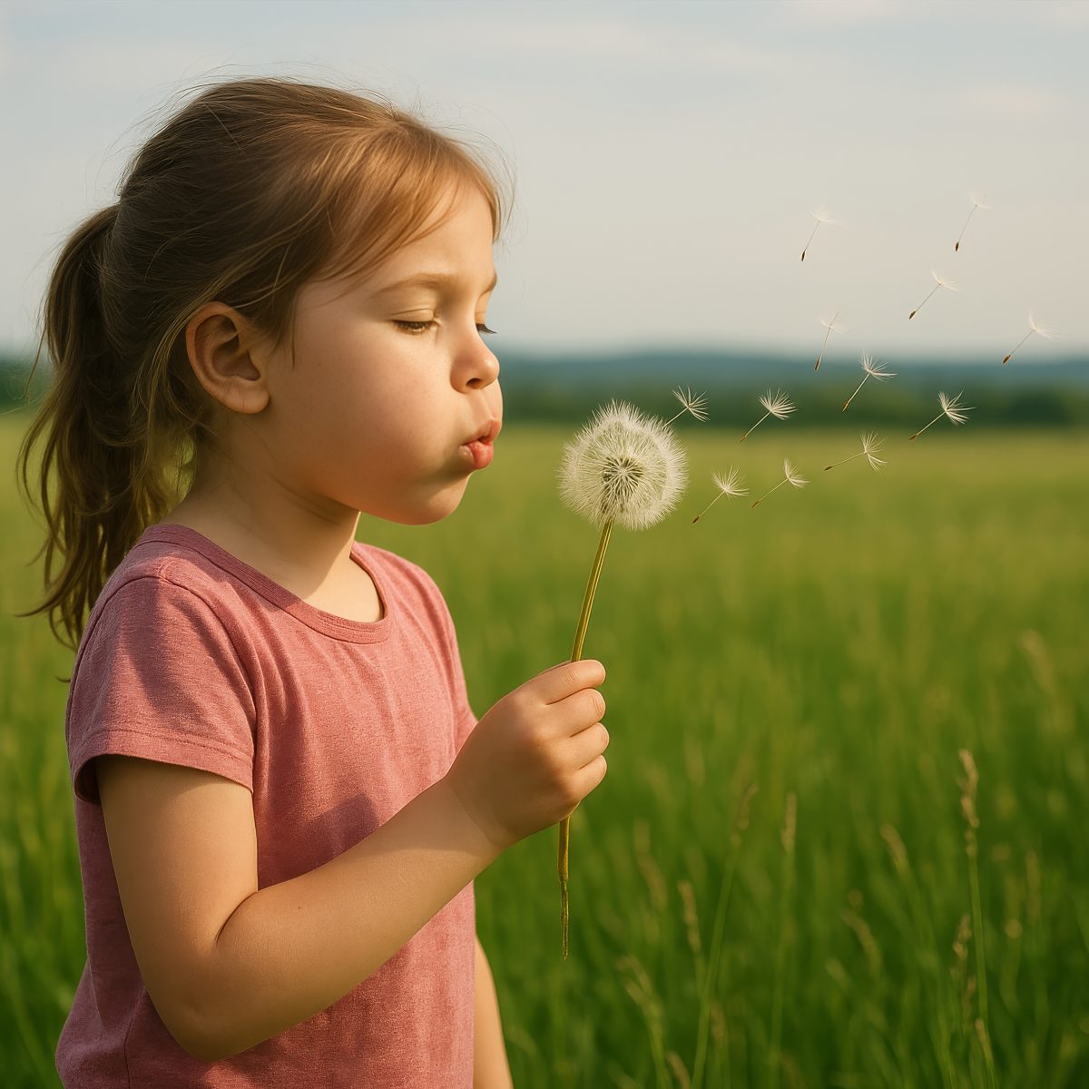 Little Girl Blowing Dandelion Seeds in a Green Summer Field