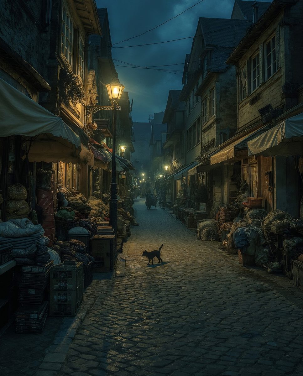Deserted Medieval Marketplace Street at Night with Silhouette of a Cat