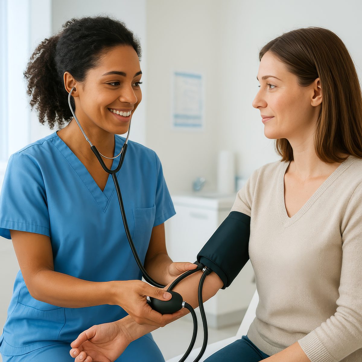 Friendly Female Nurse Checking a Patient’s Blood Pressure in a Clinic