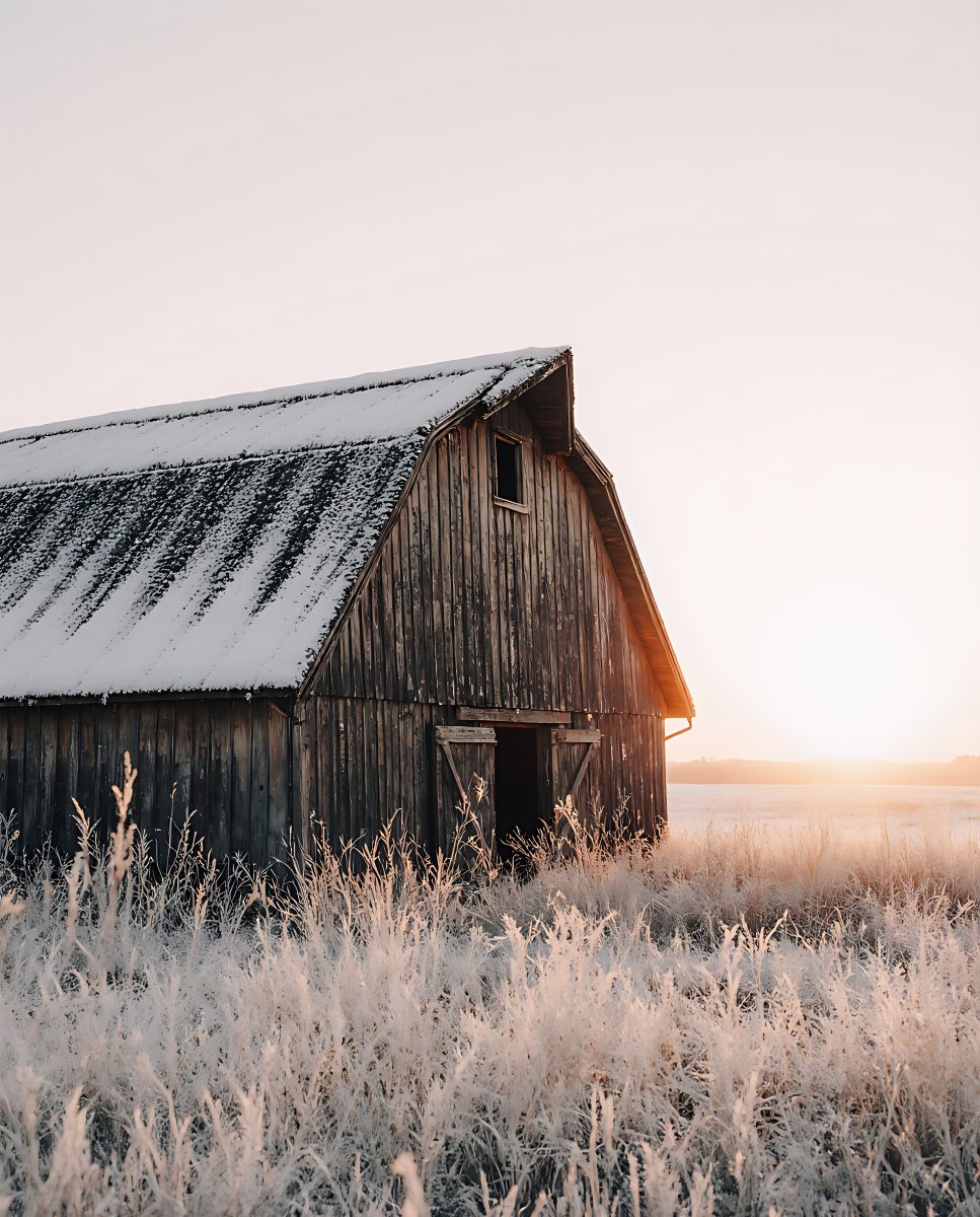 Rustic Weathered Wooden Barn in Frosty Winter Sunrise