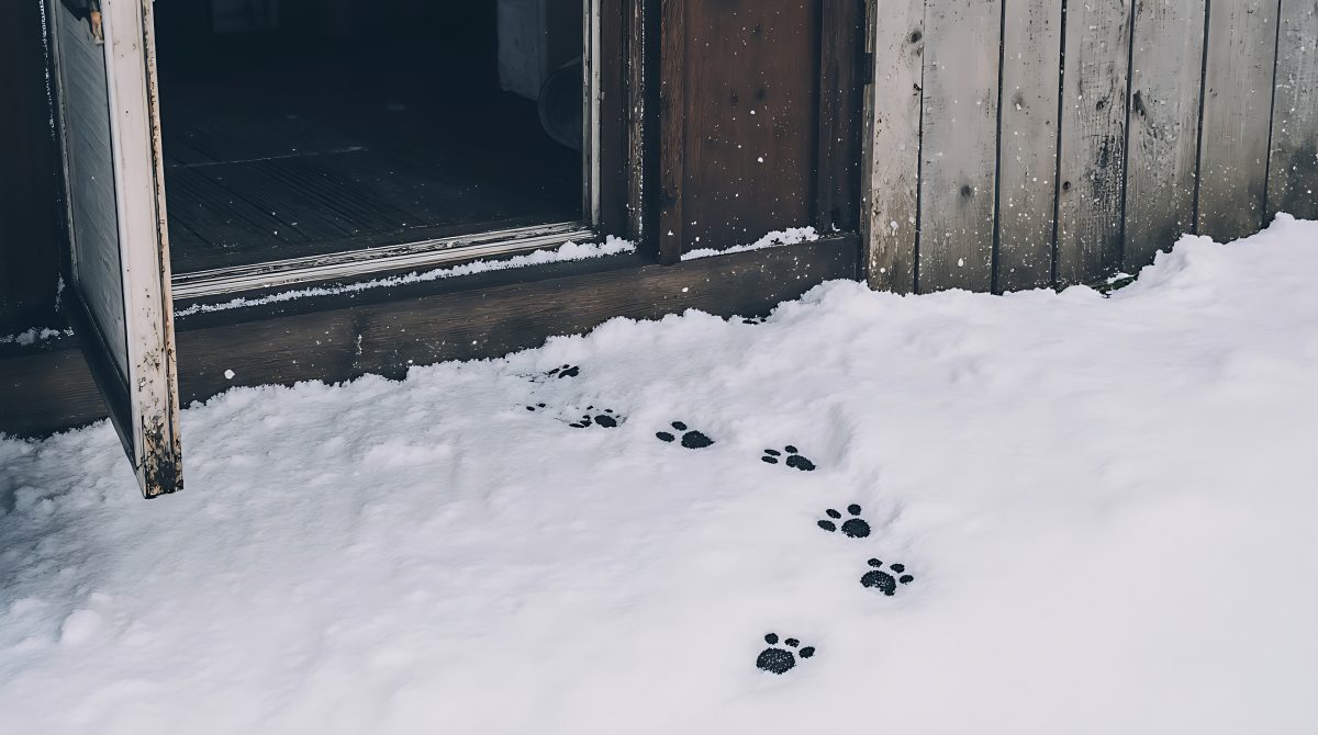 Animal Paw Prints in Snow Leading to an Open Door