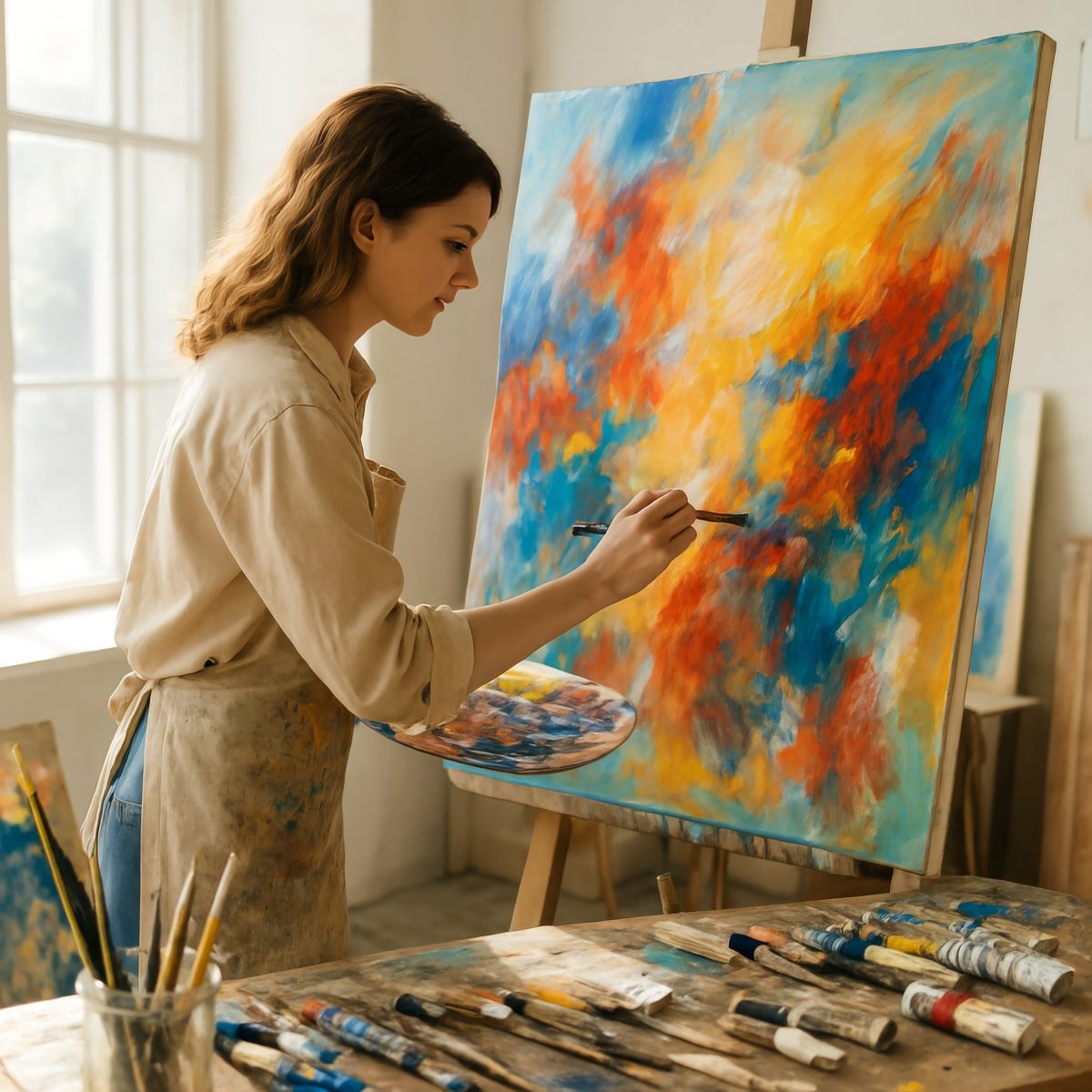 Female Artist Painting Vibrant Abstract Artwork on Canvas in Studio