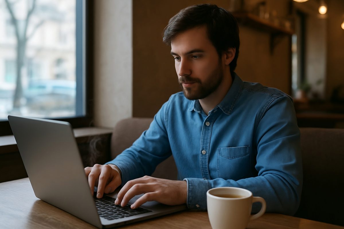 Focused Young Businessman Working on Laptop in a Cozy Cafe