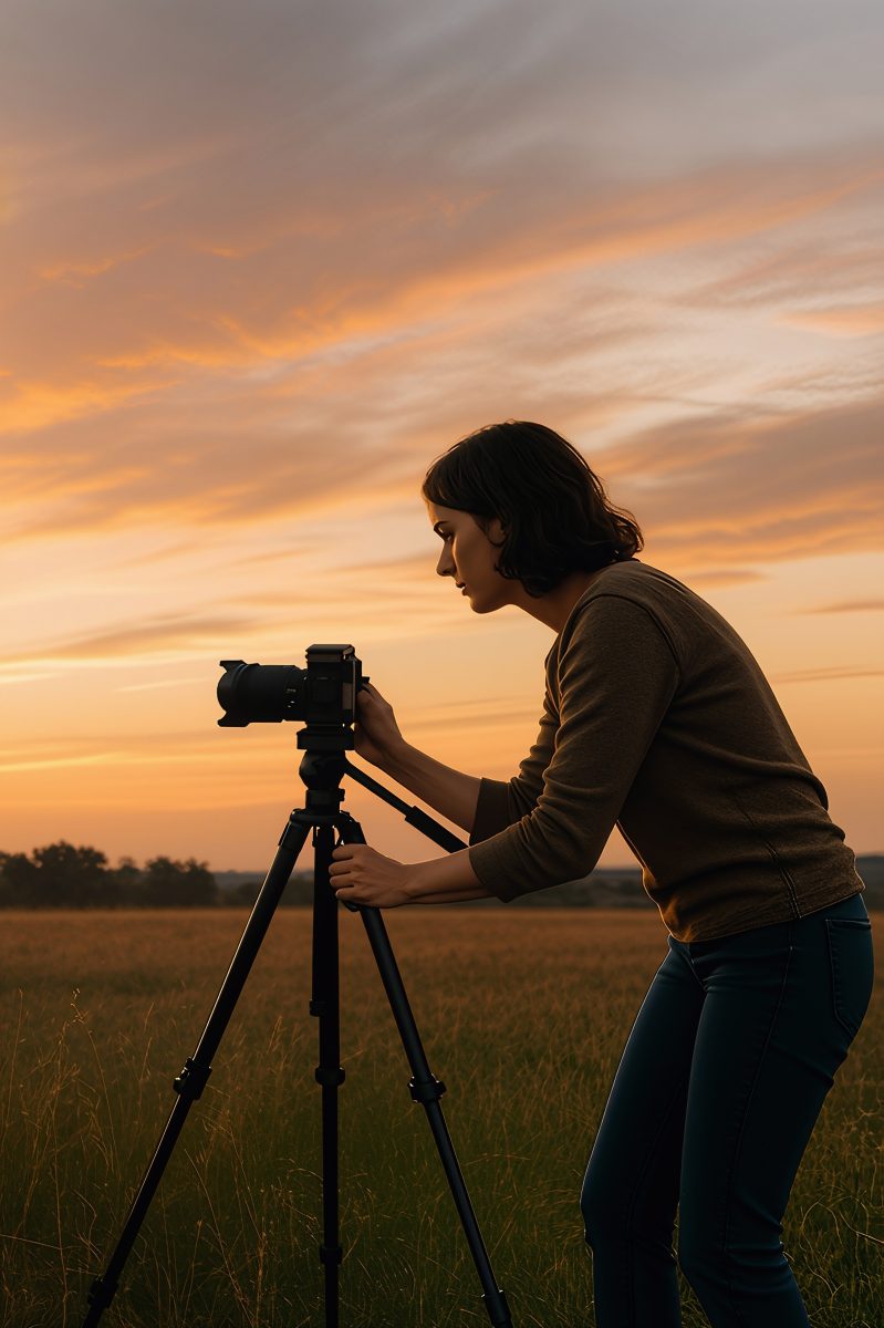 Female Photographer Setting Up DSLR Camera on Tripod at Sunset