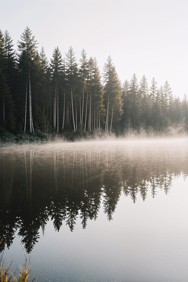 Misty Pine Forest Reflection on Calm Morning Lake