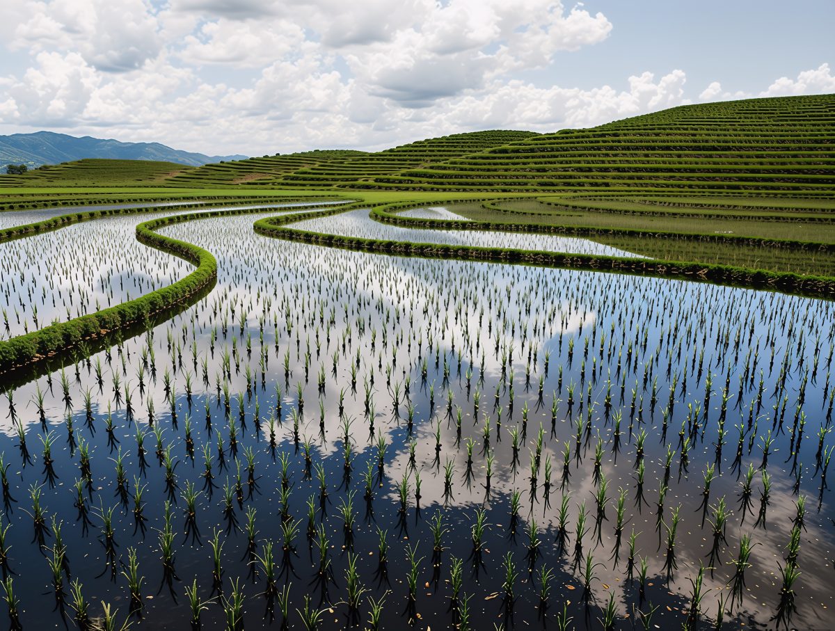 Terraced Rice Paddy Fields with Sky Reflection