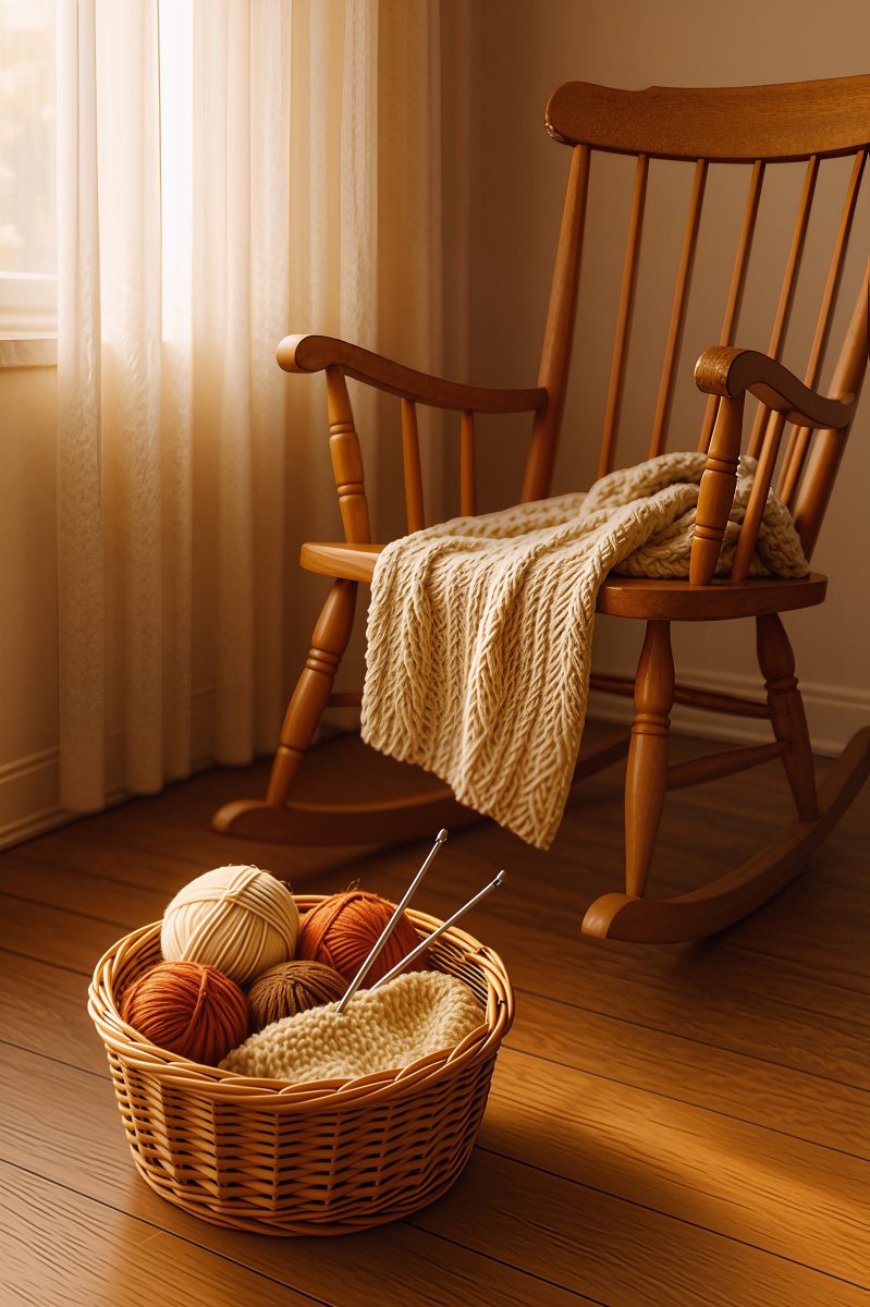 Cozy Knitting Corner with Vintage Wooden Rocking Chair and Yarn Basket
