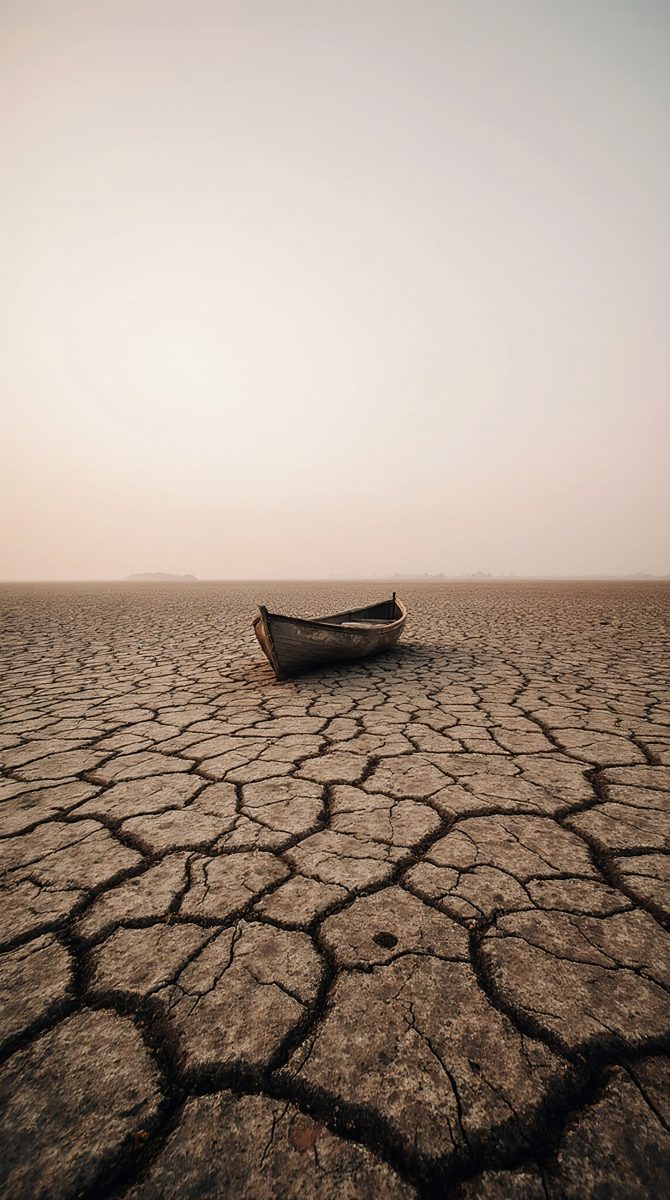 Abandoned Wooden Rowboat on Arid Cracked Earth Concept
