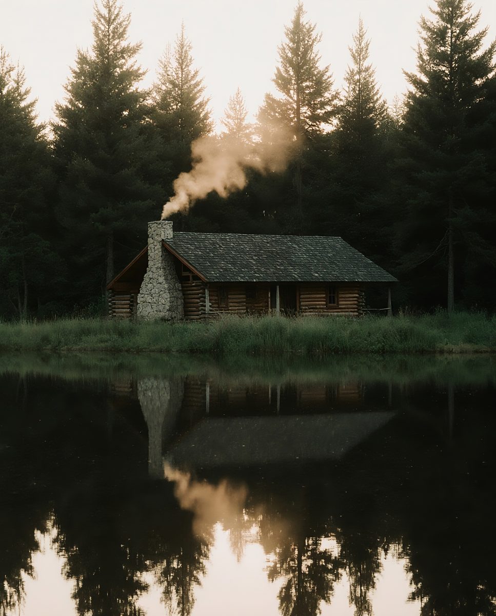 Cozy Log Cabin with Smoking Chimney Reflected in Calm Lake at Sunrise