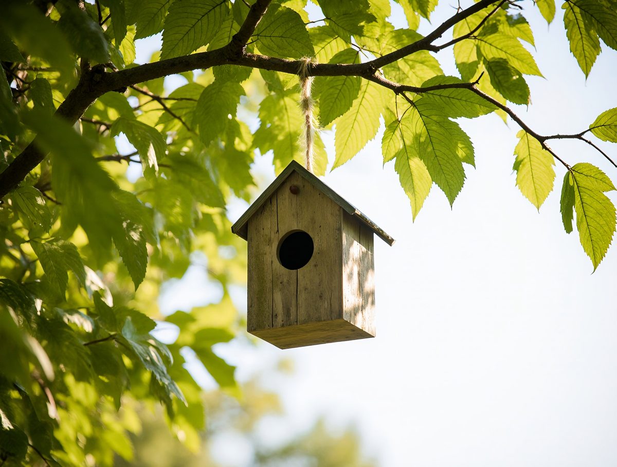 Rustic Wooden Birdhouse Hanging from a Tree Branch in Spring Sunlight