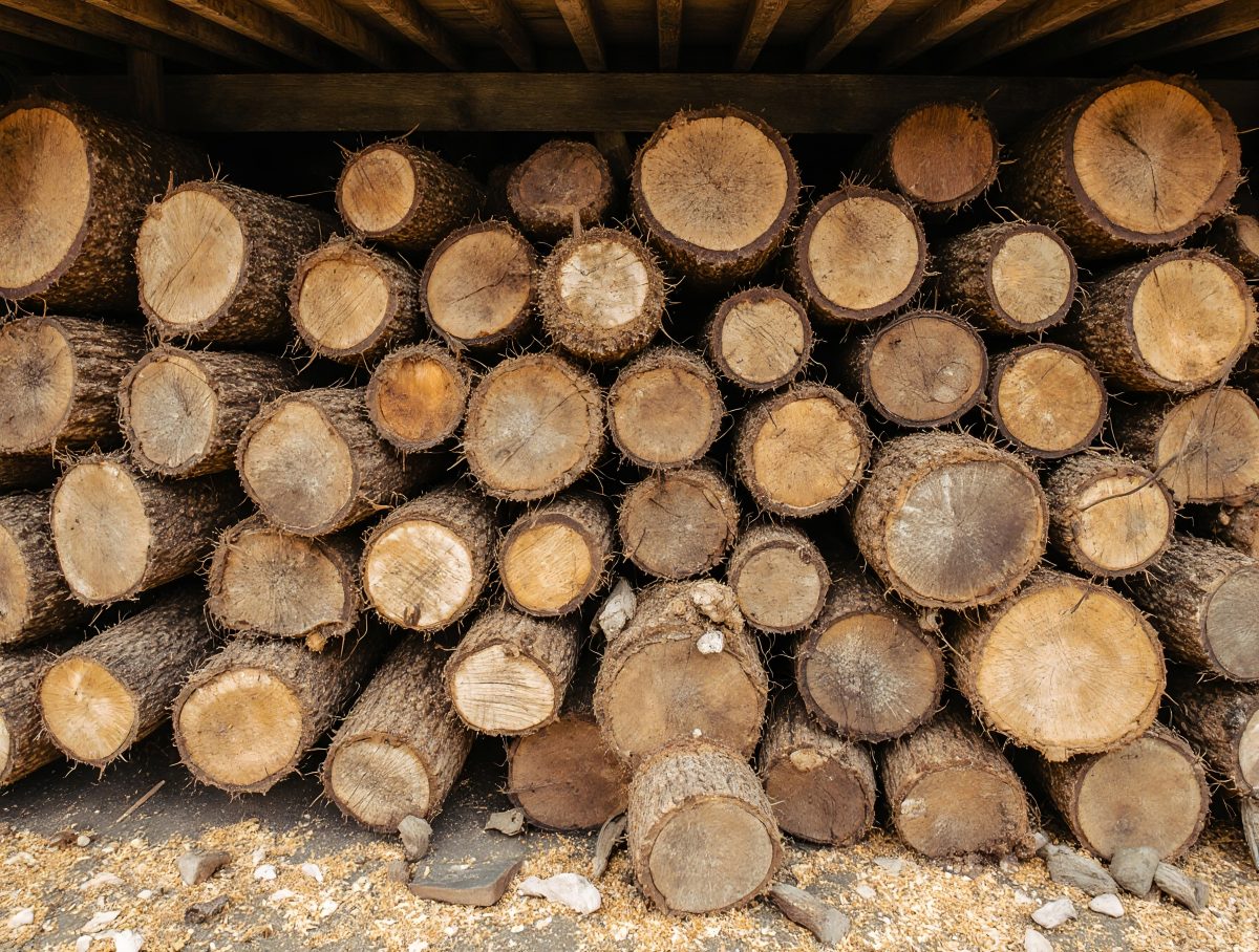 Neatly Stacked Firewood Logs under Wooden Shed