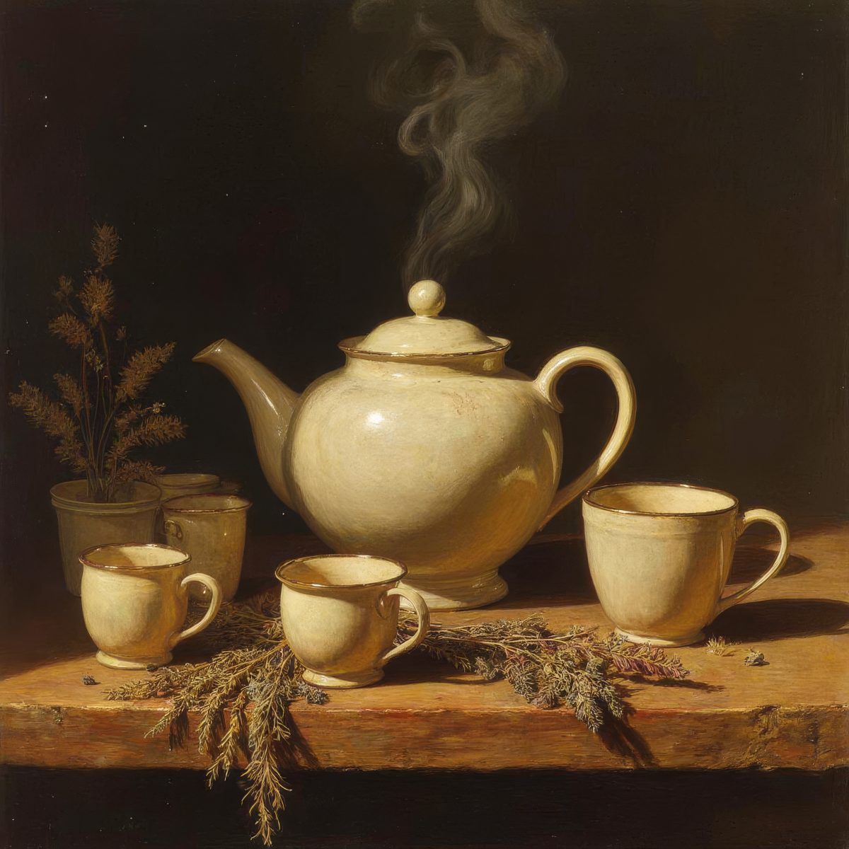 Rustic Still Life with Steaming Ceramic Teapot and Tea Cups