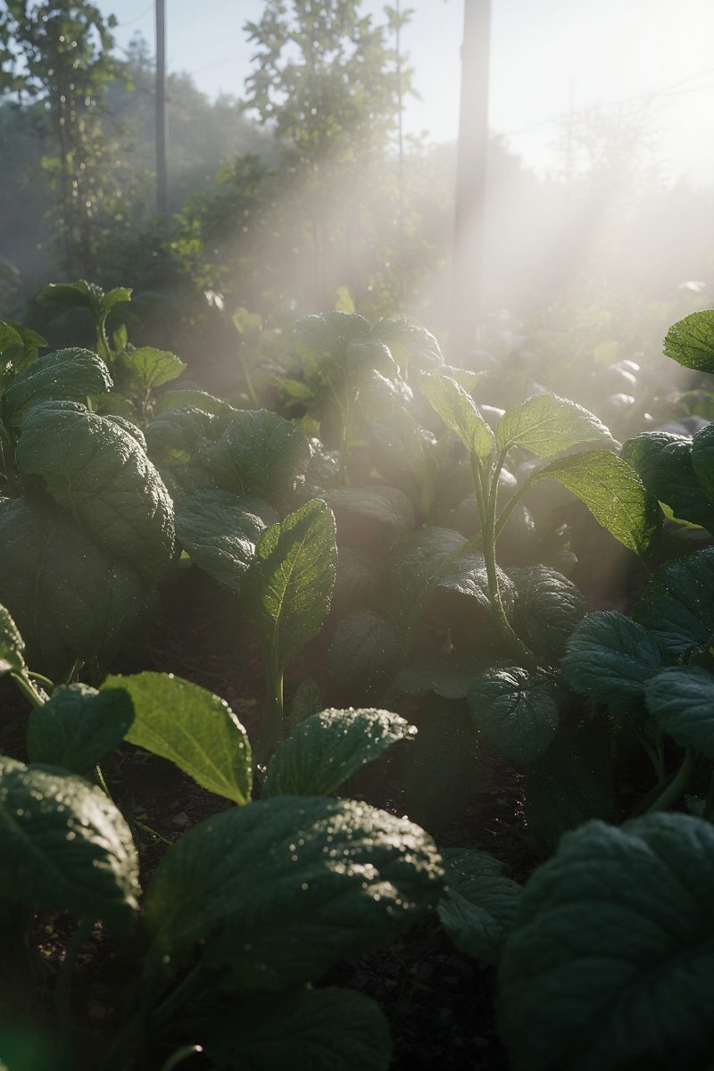 Fresh Green Vegetable Garden in Misty Morning Sunlight