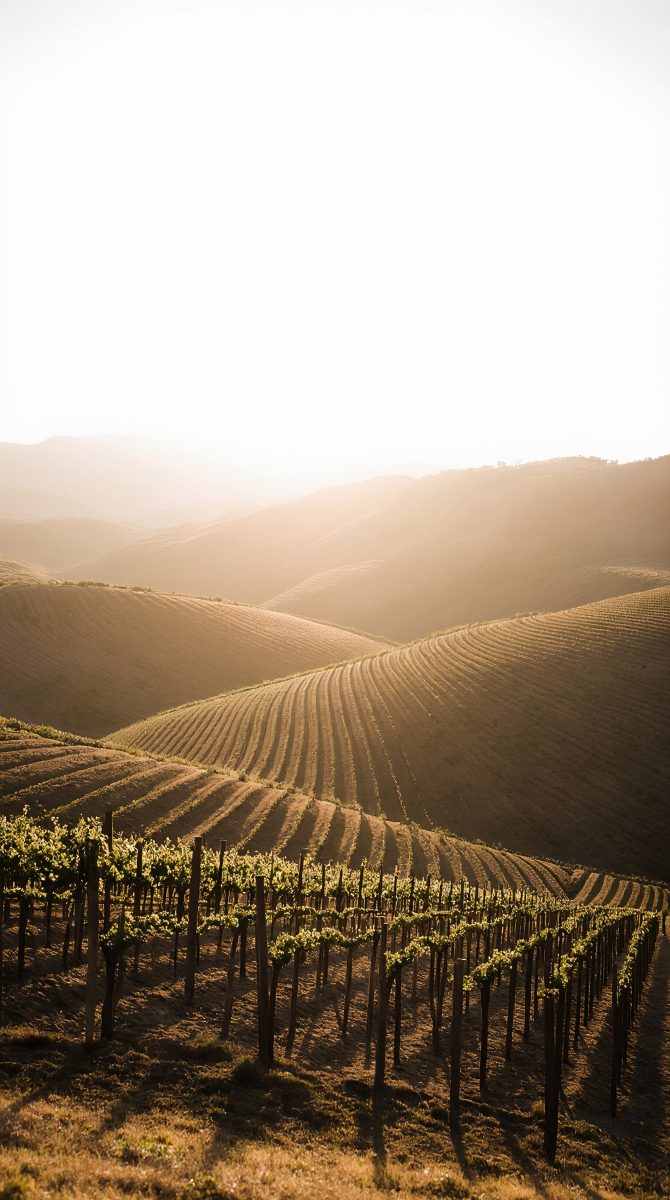 Sun-Drenched Vineyard Rolling Across Hills at Golden Hour