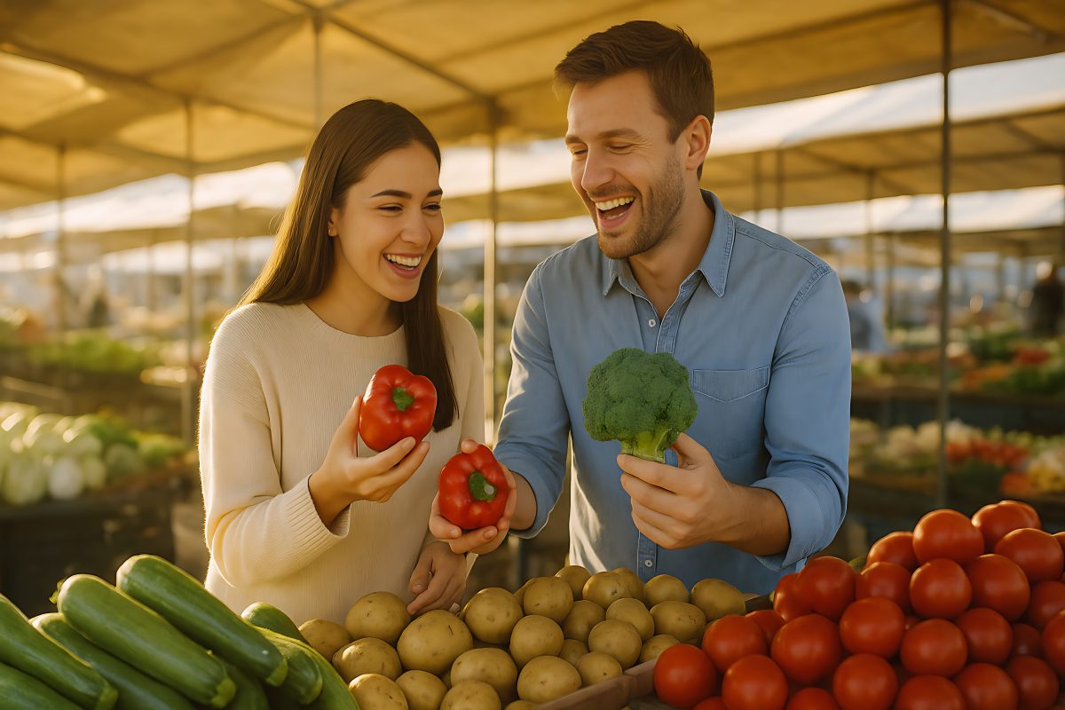 Happy Young Couple Choosing Fresh Vegetables at an Outdoor Farmers Market