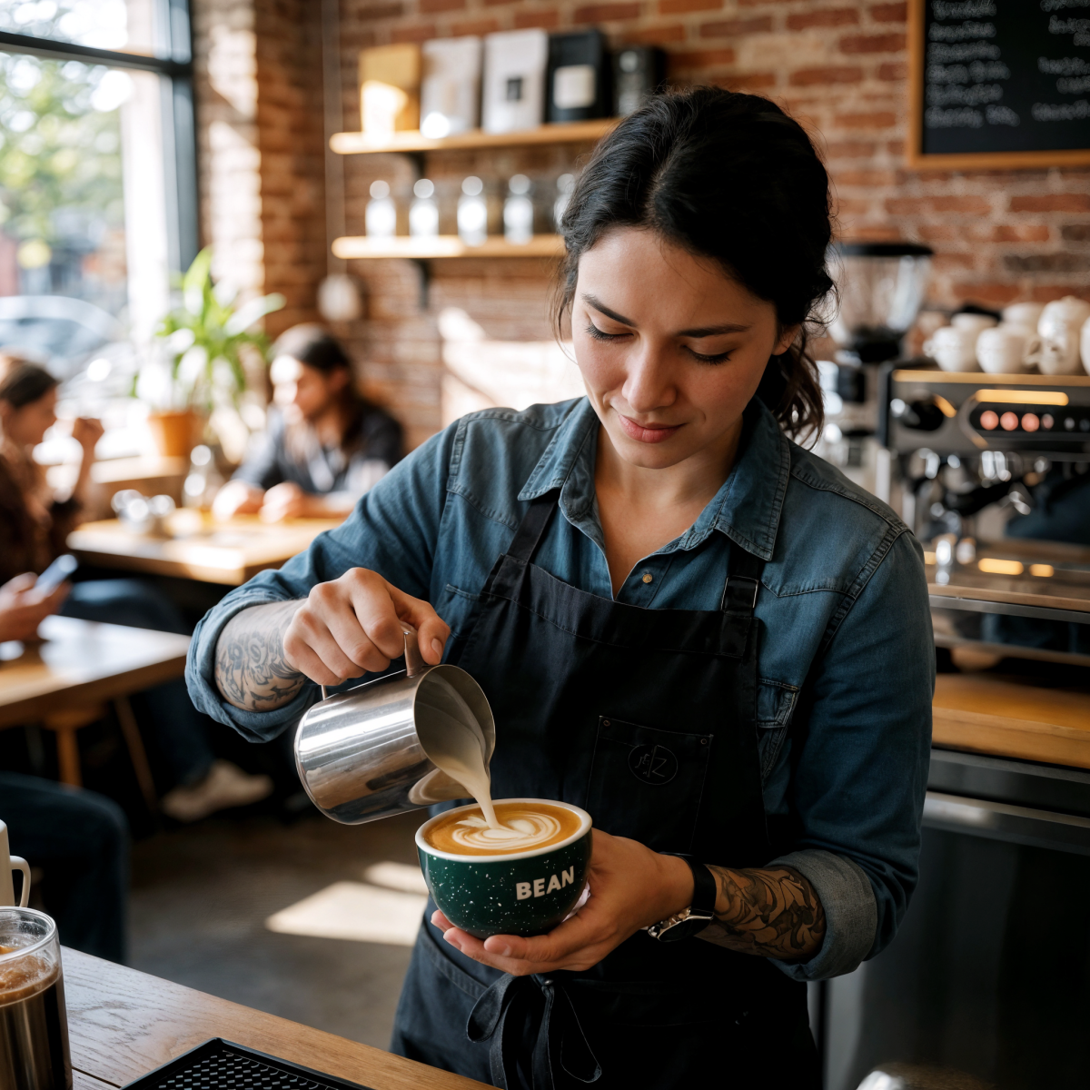Female Barista Pouring Fresh Latte Art in Cozy Cafe