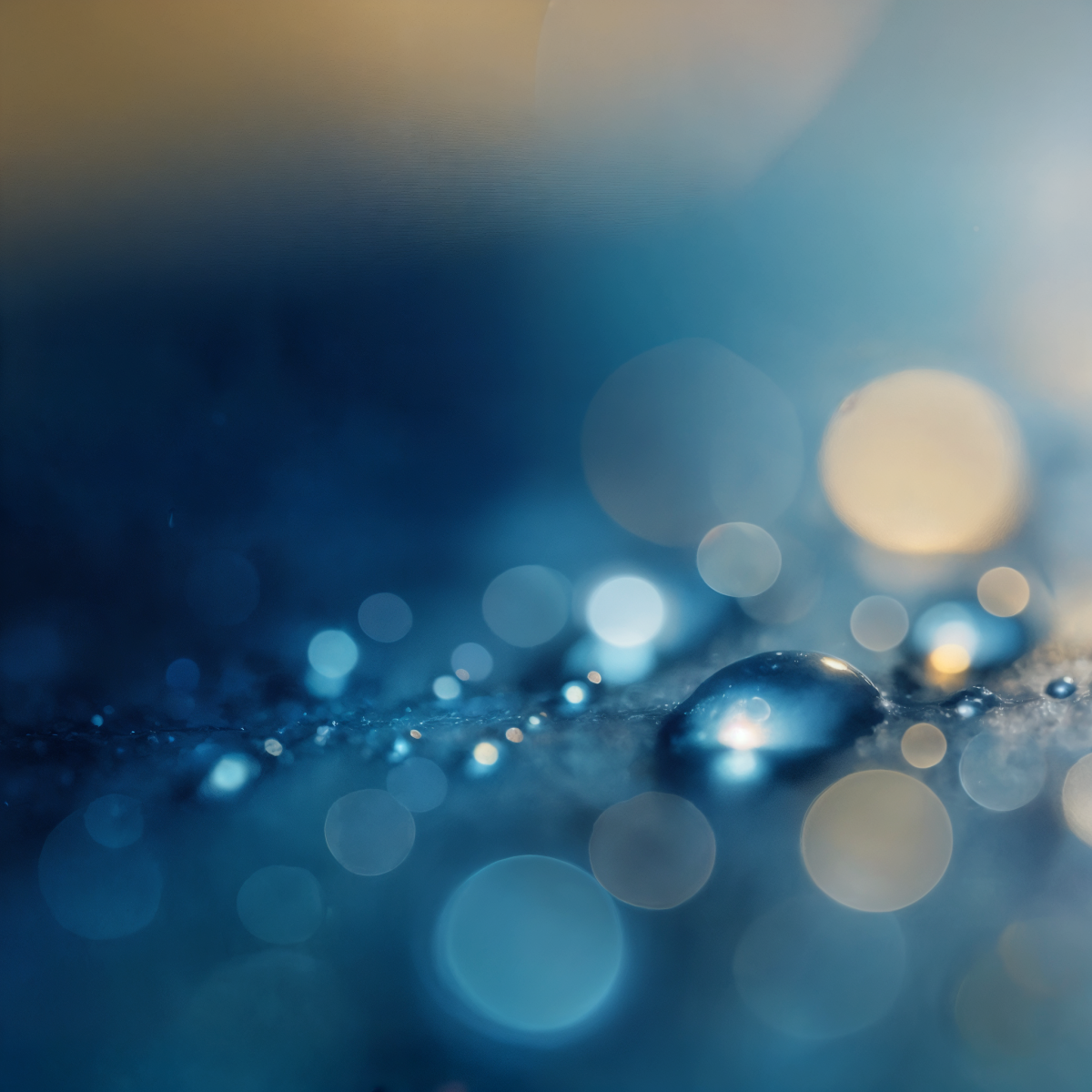 Macro Water Droplets with Golden Bokeh and Blue Gradient Background