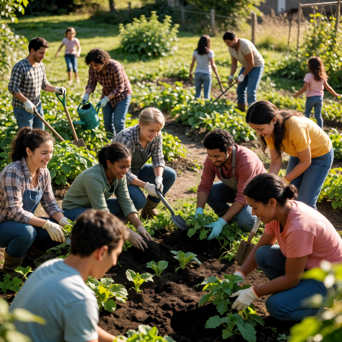 Diverse Group of Volunteers Working Together in a Sunny Community Garden